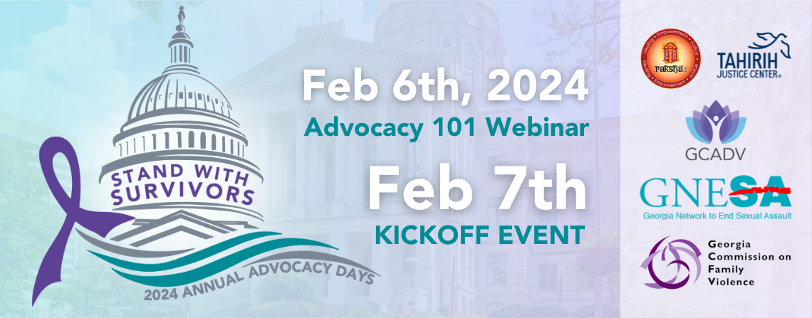 Stand With Survivors Day Banner: Feb 6th- ADvocacy 101 Webinar | Feb 7th- Kickoff Event at Capitol